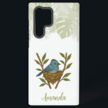 Black-Naped Monarch Nestled Among the Leaves Samsung Galaxy Case<br><div class="desc">A black-naped monarch perches in its cozy nest among leafy branches,  surrounded by tropical foliage. The detailed illustration captures the bird’s soft blue feathers and the lush greenery of its jungle home.</div>