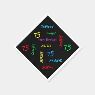 Black Napkins, 75th Birthday Party Repeating Names Napkin
