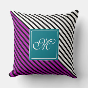 Black Narrow Stripes + your back-colour & monogram Throw Pillow