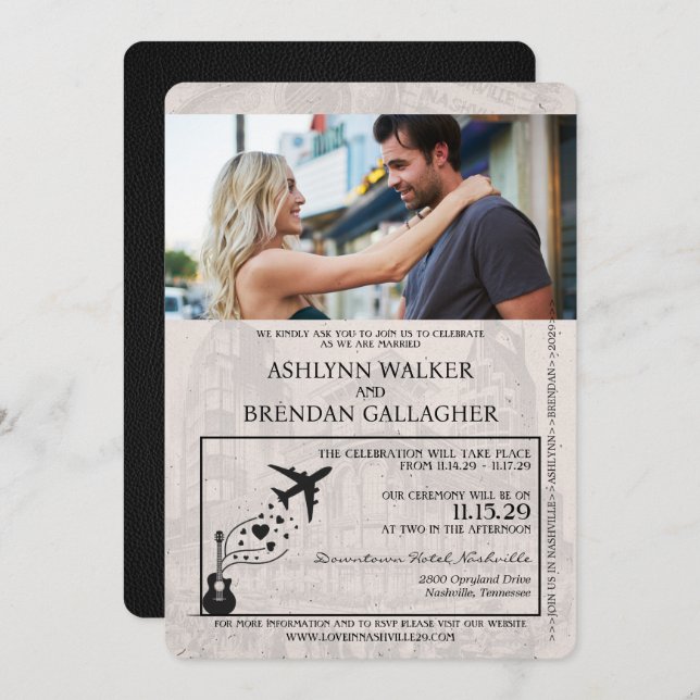 Black Nashville Passport Wedding Invitation (Front/Back)
