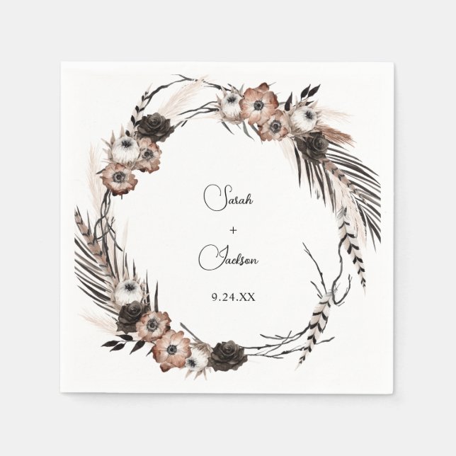 Black & Natural Floral Boho Name V2 Napkin (Front)