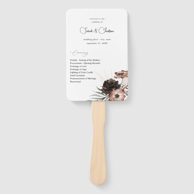 Black & Natural Floral Boho Wedding Program 2 Hand Fan (Front)