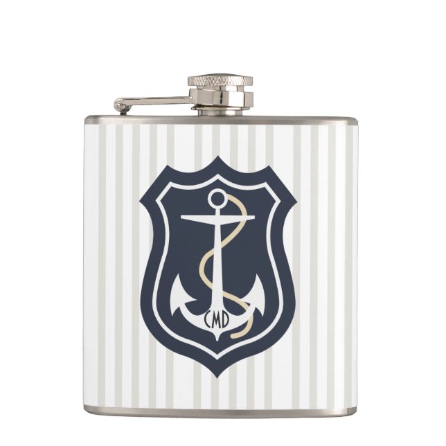 Black Nautical Anchor Monogrammed Hip Flask (Front)