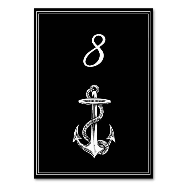 Black Nautical Anchor Table Number Card (Front)