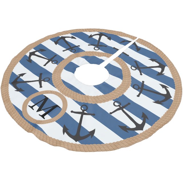 Black Nautical Anchors and Rope Striped Monogram Brushed Polyester Tree Skirt (Angled)
