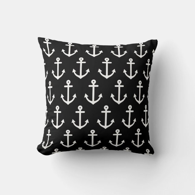Black Nautical Anchors Throw Pillow (Front)
