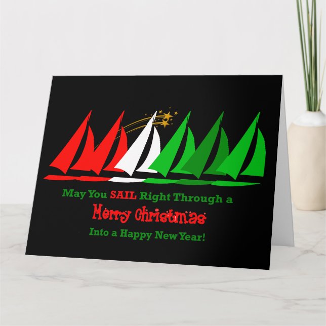 Black Nautical Christmas Card with Sailboats (Front)