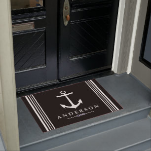Black Nautical Elegant White Anchor   Personalized Doormat