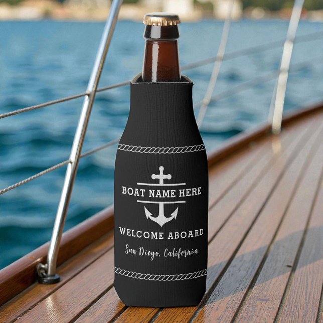 Black Nautical Welcome Aboard Boat Name Anchor Bottle Cooler (Creator Uploaded)
