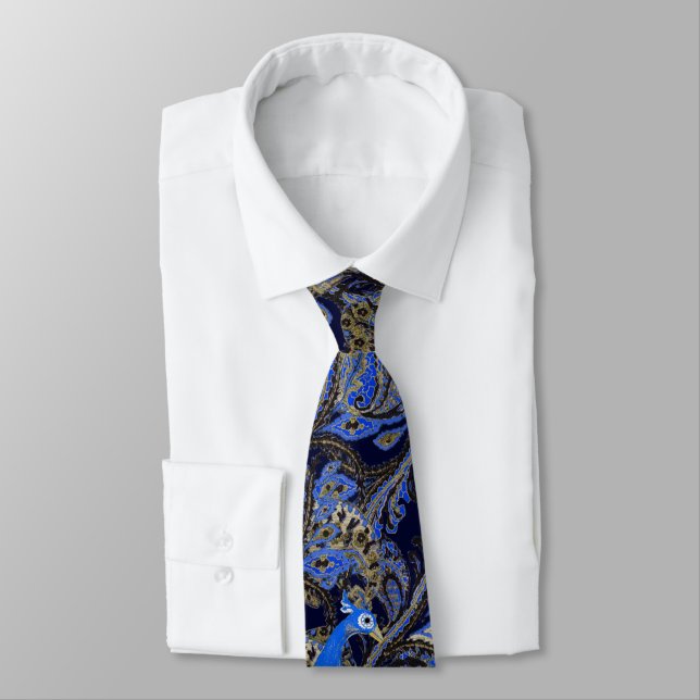 Black Navy and Gold Vintage Paisley Peacock Tie (Tied)