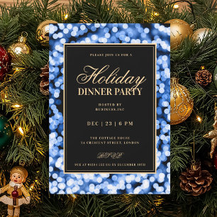Black & Navy Blue Glam Lights Holiday Dinner Party Invitation