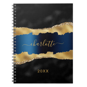 Black navy blue gold agate marble name script notebook