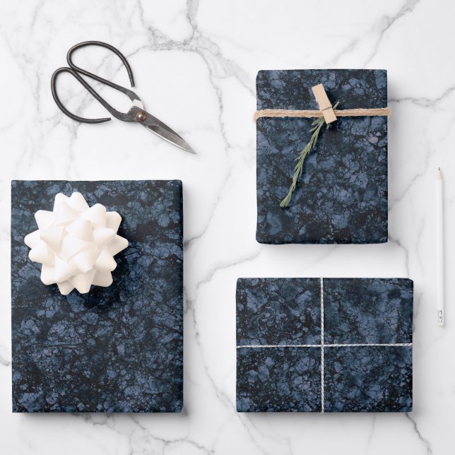 Black & Navy Blue Marble Texture Wrapping Paper Sheet (Front)