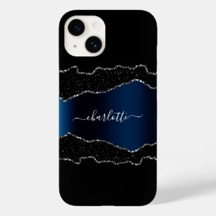 Black navy blue silver agate marble name script  Case-Mate iPhone 14 case