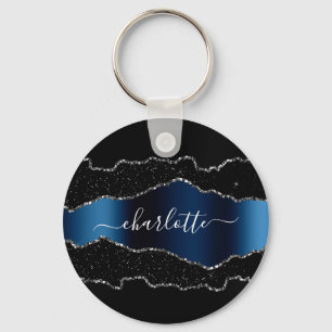 Black navy blue silver agate marble name script keychain