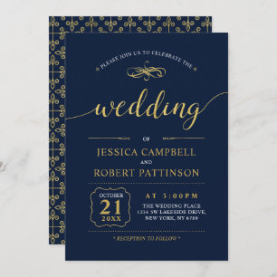 Black & Navy Elegant Classic Wedding Ceremony Invitation