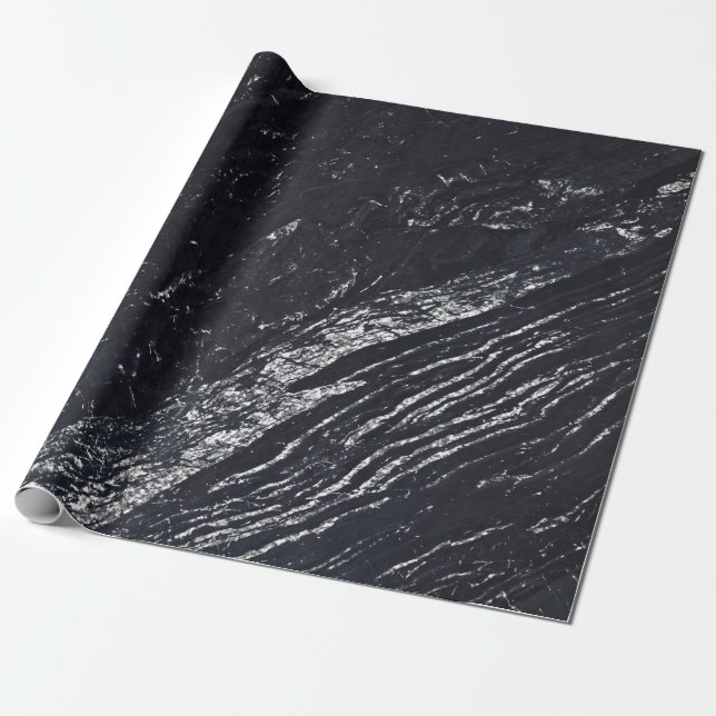 Black Navy Silver Grey Carrara Marble Stone Wrapping Paper (Unrolled)