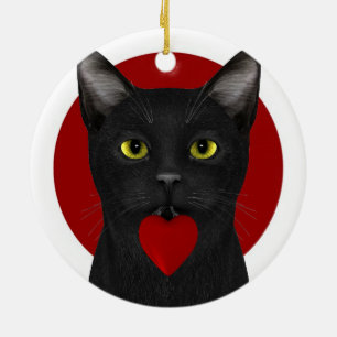 Black Neko With Red Heart Ceramic Ornament