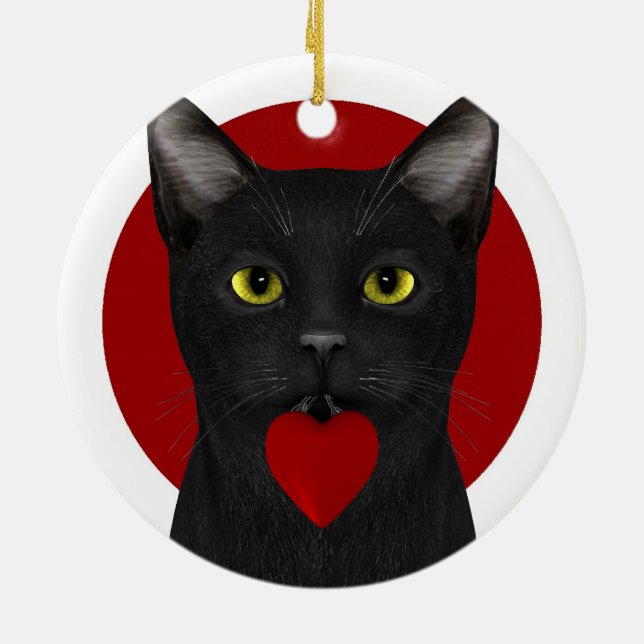 Black Neko With Red Heart Ceramic Ornament (Back)