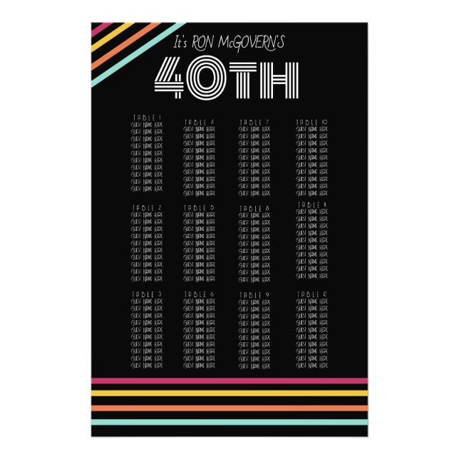 Black & Neon 40th Retro Stripe Seating Chart Photo Print (Front)