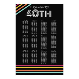 Black & Neon 40th Retro Stripe Seating Chart Photo Print