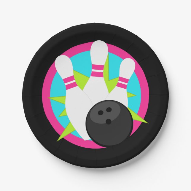 Black Neon Bowling Pin Paper Plates (Front)