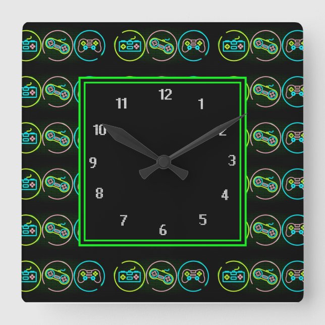 Black & Neon Gamer Square Wall Clock (Front)