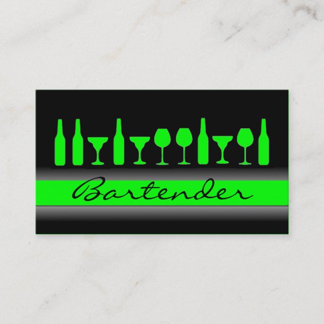 Black neon green bartender drinks business card (Front)