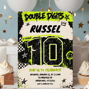 Black Neon Green Grunge Party 10th birthday Invitation