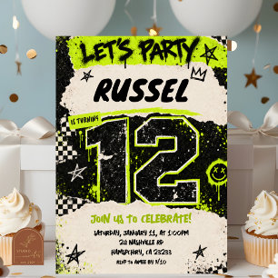 Black Neon Green Grunge Party 12th birthday Invitation