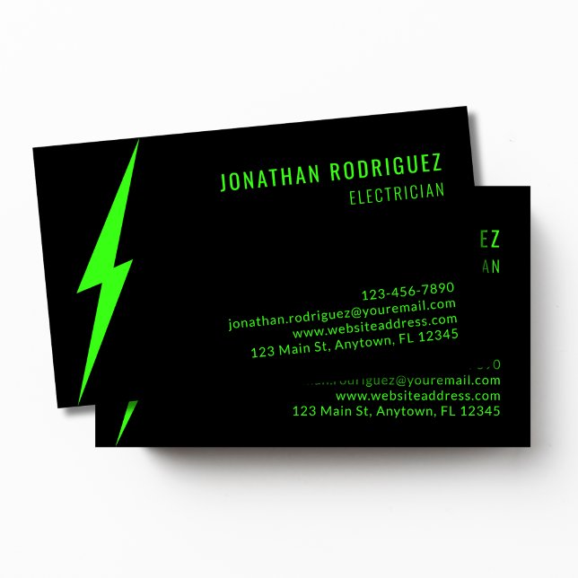 Black Neon Green Lighting Bolt Custom Electrician  Business Card (Creator Uploaded)