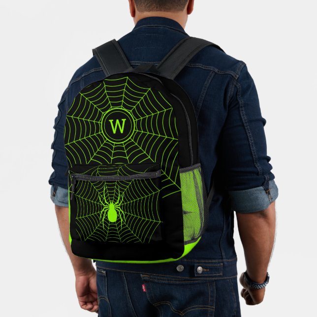 Black neon green spider web Halloween Monogram Printed Backpack (Insitu (Model))