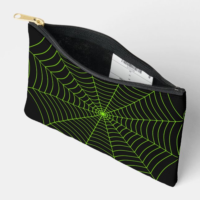 Black neon green spider web Halloween pattern Accessory Pouch (Open)