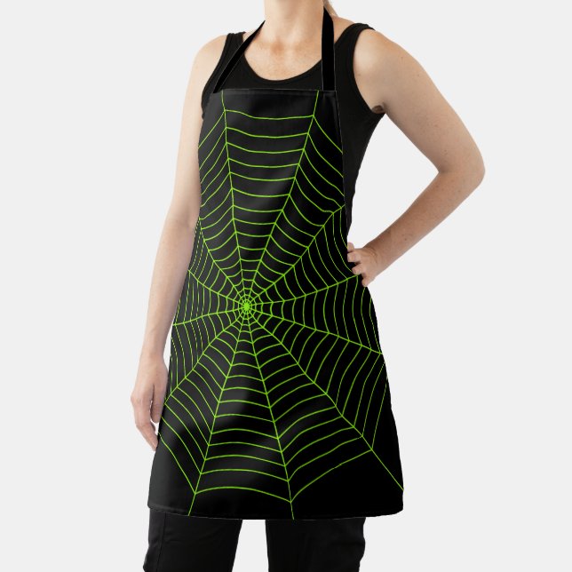 Black neon green spider web Halloween pattern Apron (Insitu)