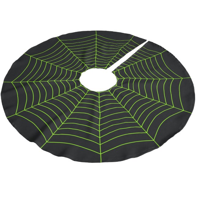 Black neon green spider web Halloween pattern Brushed Polyester Tree Skirt (Angled)