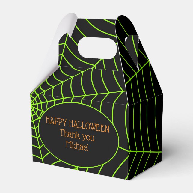 Black neon green spider web Halloween pattern Favor Box (Front Side)