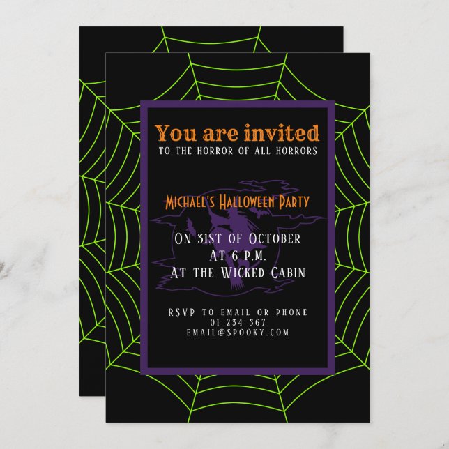 Black neon green spider web Halloween pattern Invitation (Front/Back)