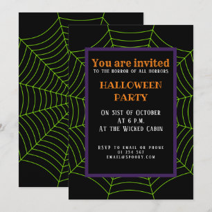 Black neon green spider web Halloween pattern Invitation