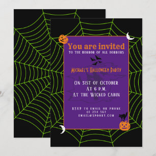 Black neon green spider web Halloween pattern Invitation