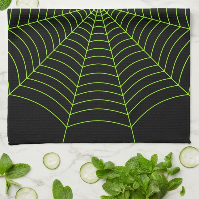 Black neon green spider web Halloween pattern Kitchen Towel (Folded)