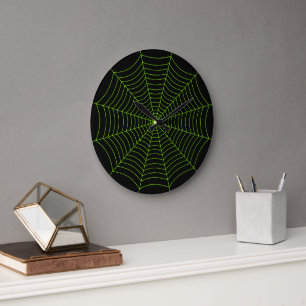 Black neon green spider web Halloween pattern Large Clock