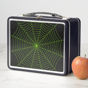 Black neon green spider web Halloween pattern Metal Lunch Box