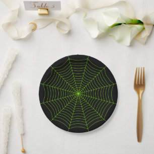 Black neon green spider web Halloween pattern Paper Plate