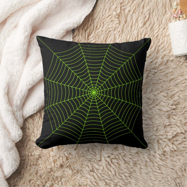 Black neon green spider web Halloween pattern Throw Pillow (Blanket)