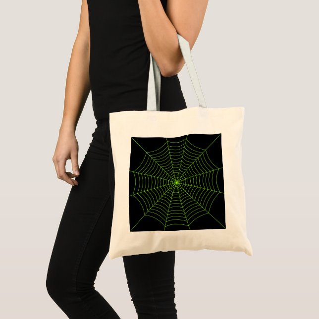 Black neon green spider web Halloween pattern Tote Bag (Front (Product))