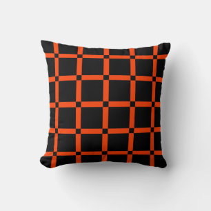 Black & Neon Orange Grid Pattern Throw Pillow