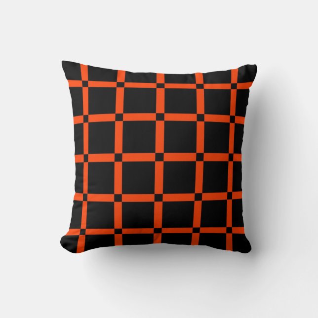 Black & Neon Orange Grid Pattern Throw Pillow (Front)