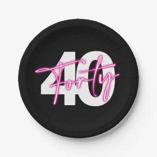Black Neon Pink Forty 40th Birthday Paper Plates