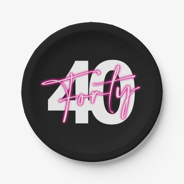 Black Neon Pink Forty 40th Birthday Paper Plates (Front)