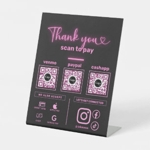 Black Neon Pink Scan to pay 3 QR Codes Thank you Pedestal Sign